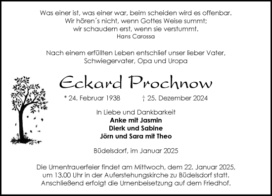 Traueranzeige von Eckard Prochnow von Schleswig-Holsteinische Landeszeitung