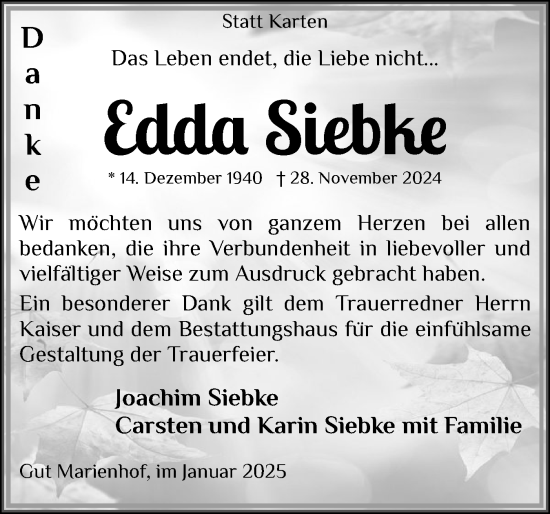 Traueranzeige von Edda Siebke von Eckernförder Zeitung, Hallo Eckernförde