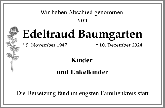 Traueranzeige von Edeltraud Baumgarten von MARKT Ratzeburg/Mölln