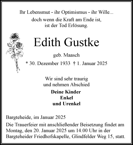 Traueranzeige von Edith Gustke von MARKT Ahrensburg/Bargteheide/Trittau und Stormarner Tageblatt
