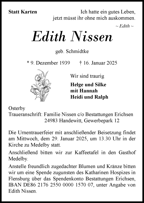 Traueranzeige von Edith Nissen von Flensburger Tageblatt