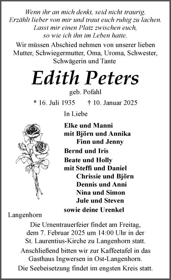Traueranzeige von Edith Peters von Husumer Nachrichten, Nordfriesland Tageblatt
