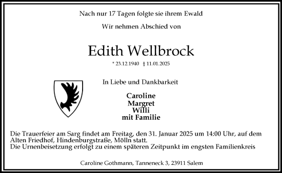 Traueranzeige von Edith Wellbrock von MARKT Ratzeburg/Mölln