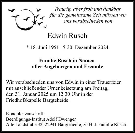 Traueranzeige von Edwin Rusch von MARKT Ahrensburg/Bargteheide/Trittau und Stormarner Tageblatt