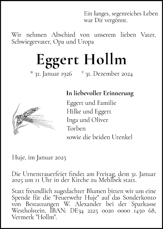 Traueranzeige von Eggert Hollm von Norddeutsche Rundschau, Wilstersche Zeitung, Glückstädter Fortuna