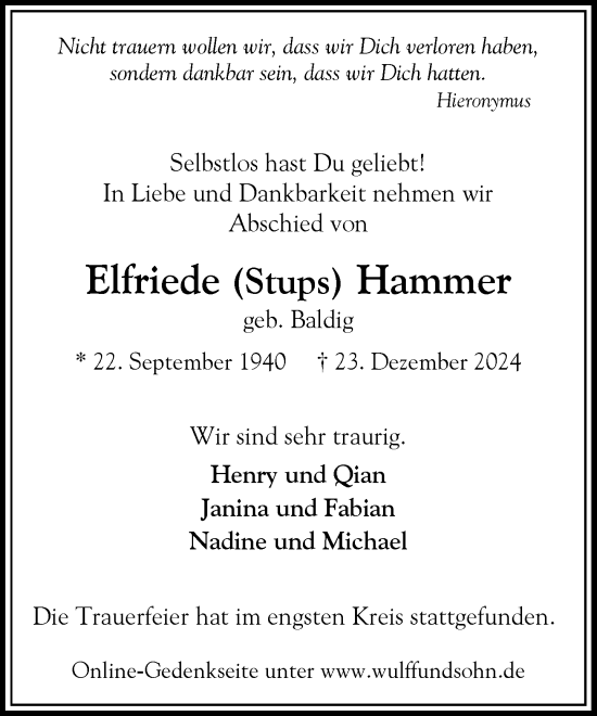 Traueranzeige von Elfriede Hammer von Heimatspiegel