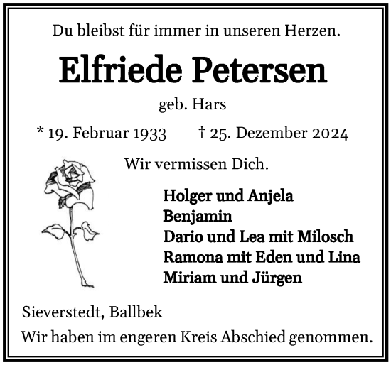 Traueranzeige von Elfriede Petersen von Flensburger Tageblatt