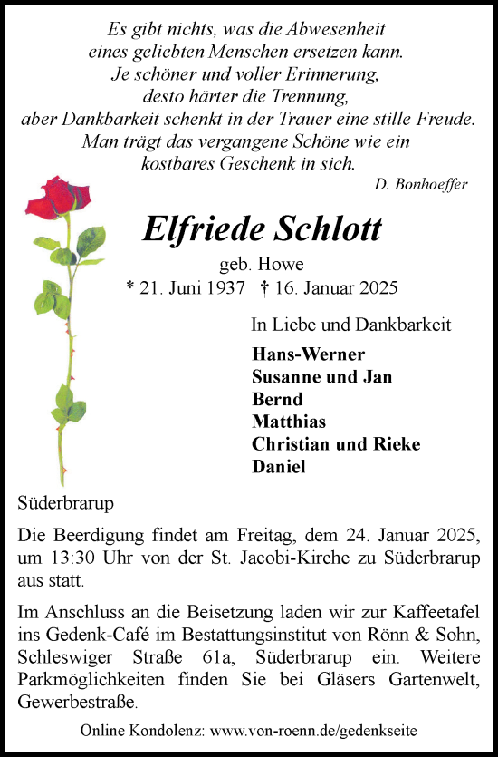 Traueranzeige von Elfriede Schlott von Schleswiger Nachrichten, Schlei-Bote