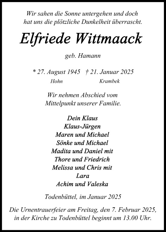 Traueranzeige von Elfriede Wittmaack von Schleswig-Holsteinische Landeszeitung