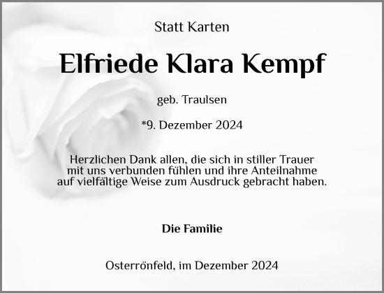 Traueranzeige von Elfriede Klara Kempf von Schleswig-Holsteinische Landeszeitung