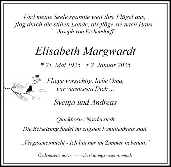 Traueranzeige von Elisabeth Margwardt von Umschau