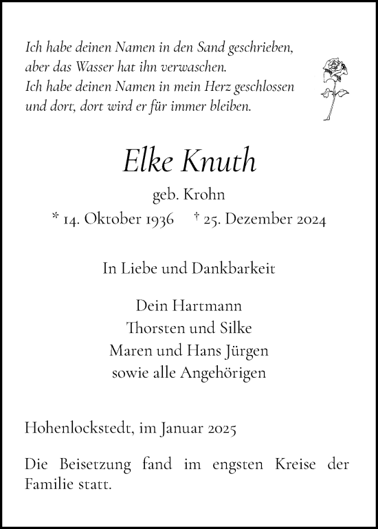 Traueranzeige von Elke Knuth von Norddeutsche Rundschau, Wilstersche Zeitung, Glückstädter Fortuna
