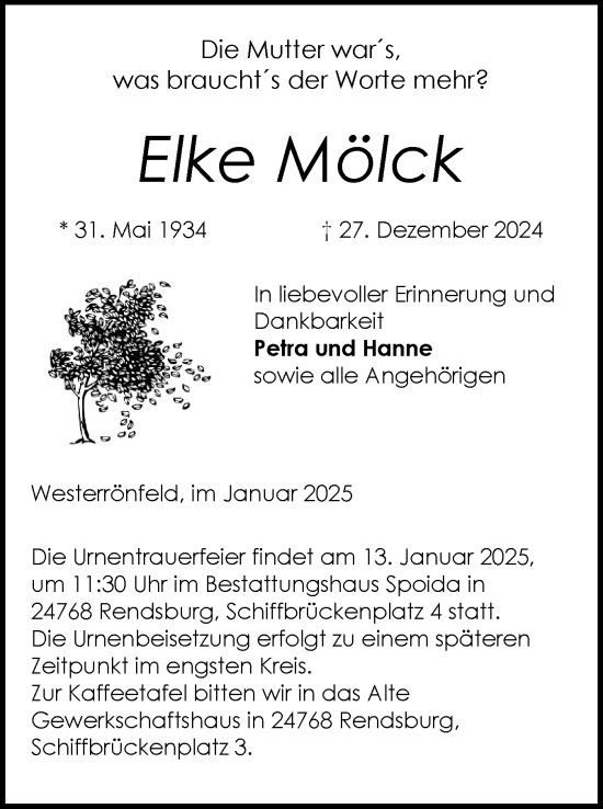 Traueranzeige von Elke Mölck von Schleswig-Holsteinische Landeszeitung