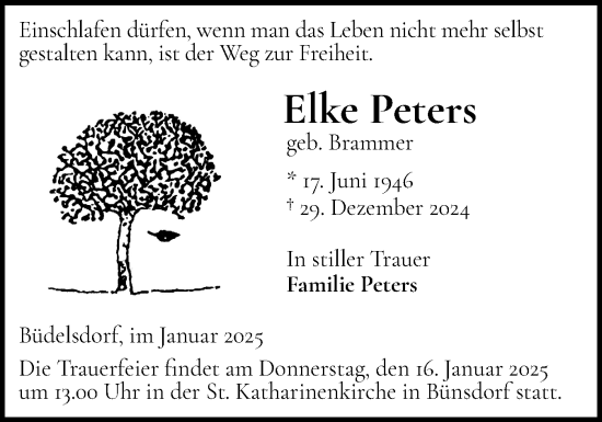 Traueranzeige von Elke Peters von Schleswig-Holsteinische Landeszeitung