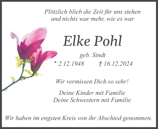 Traueranzeige von Elke Pohl von Husumer Nachrichten, Nordfriesland Tageblatt