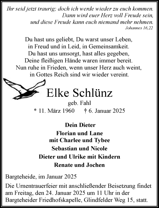 Traueranzeige von Elke Schlünz von MARKT Ahrensburg/Bargteheide/Trittau und Stormarner Tageblatt