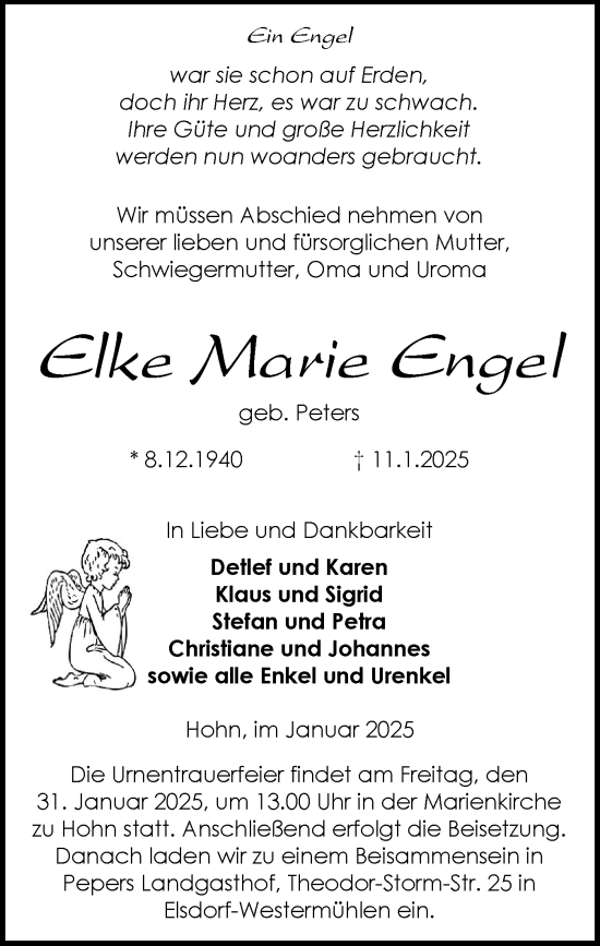Traueranzeige von Elke Marie Engel von Schleswig-Holsteinische Landeszeitung