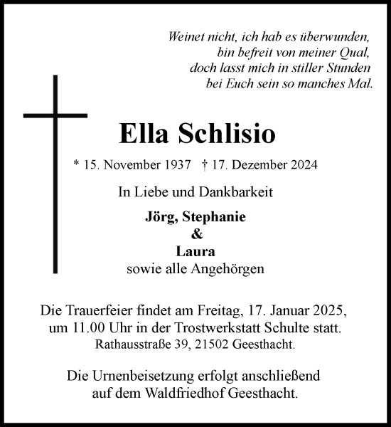 Traueranzeige von Ella Schlisio von Wochenend Anzeiger