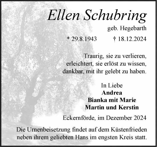 Traueranzeige von Ellen Schubring von Eckernförder Zeitung