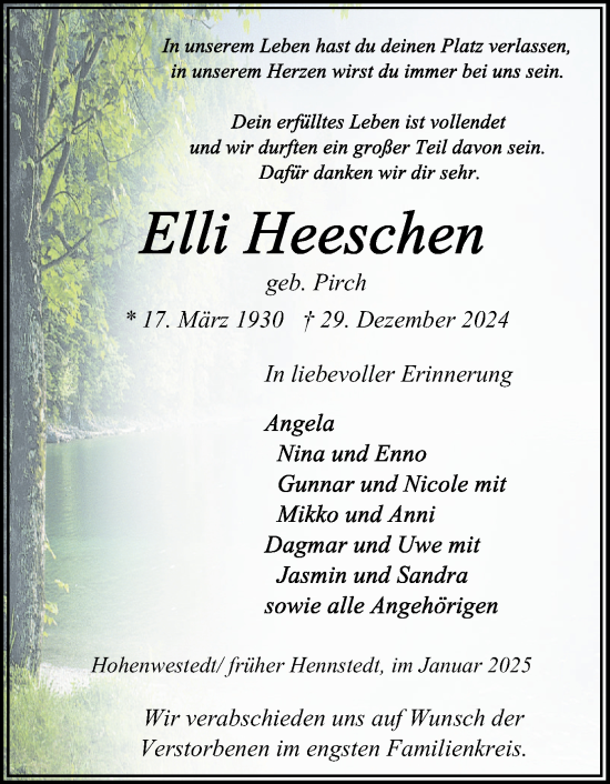 Traueranzeige von Elli Heeschen von Norddeutsche Rundschau, Wilstersche Zeitung, Glückstädter Fortuna