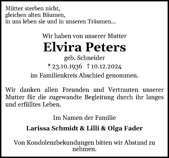Traueranzeige von Elvira Peters von Schleswig-Holsteinische Landeszeitung