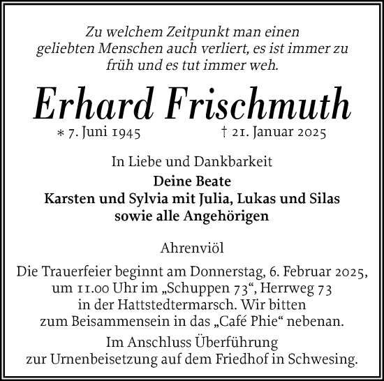 Traueranzeige von Erhard Frischmuth von Husumer Nachrichten, Nordfriesland Tageblatt