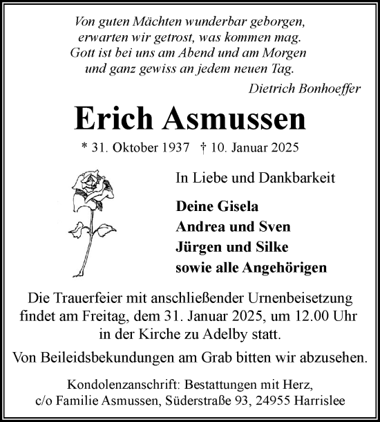 Traueranzeige von Erich Asmussen von Flensburger Tageblatt