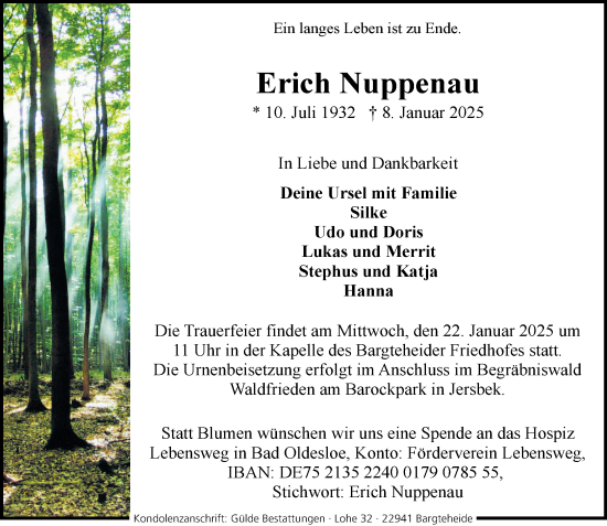 Traueranzeige von Erich Nuppenau von MARKT Ahrensburg/Bargteheide/Trittau und Stormarner Tageblatt