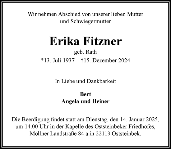 Traueranzeige von Erika Fitzner von MARKT Glinde/Reinfeld