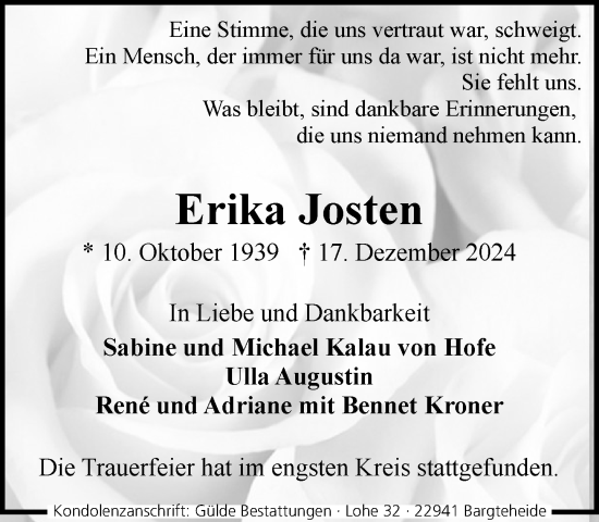 Traueranzeige von Erika Josten von MARKT Ahrensburg/Bargteheide/Trittau und Stormarner Tageblatt