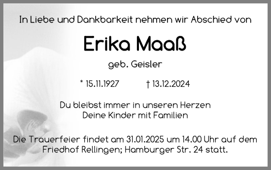 Traueranzeige von Erika Maaß von Region Pinneberg und tip Pinneberg