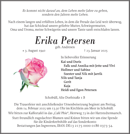 Traueranzeige von Erika Petersen von Husumer Nachrichten, Nordfriesland Tageblatt