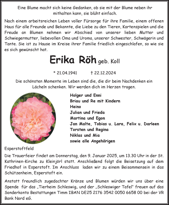 Traueranzeige von Erika Röh von Region Flensburg
