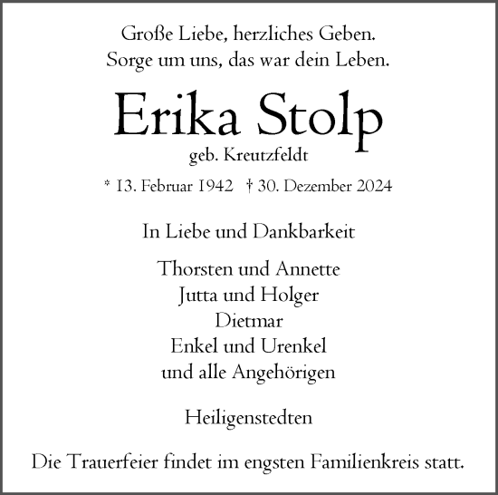 Traueranzeige von Erika Stolp von Norddeutsche Rundschau, Wilstersche Zeitung, Glückstädter Fortuna