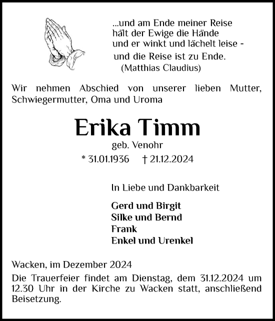 Traueranzeige von Erika Timm von Norddeutsche Rundschau, Wilstersche Zeitung, Glückstädter Fortuna