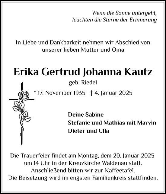 Traueranzeige von Erika Gertrud Johanna  Kautz von Region Pinneberg und tip Pinneberg