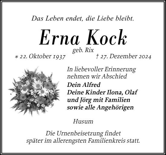 Traueranzeige von Erna Kock von Husumer Nachrichten, Nordfriesland Tageblatt