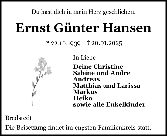Traueranzeige von Ernst Günter Hansen von Husumer Nachrichten, Nordfriesland Tageblatt