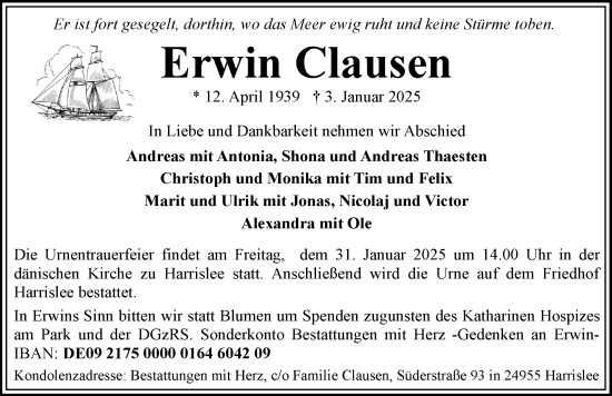 Traueranzeige von Erwin Clausen von Flensburger Tageblatt