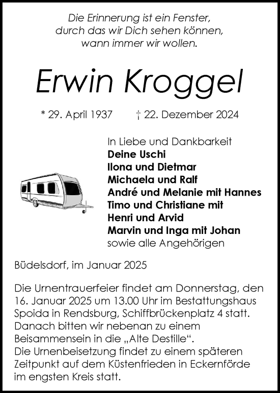Traueranzeige von Erwin Kroggel von Schleswig-Holsteinische Landeszeitung