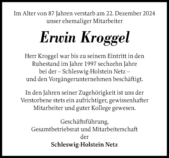 Traueranzeige von Erwin Kroggel von Schleswig-Holsteinische Landeszeitung