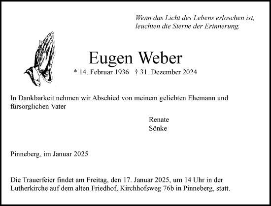 Traueranzeige von Eugen Weber von Region Pinneberg und tip Pinneberg