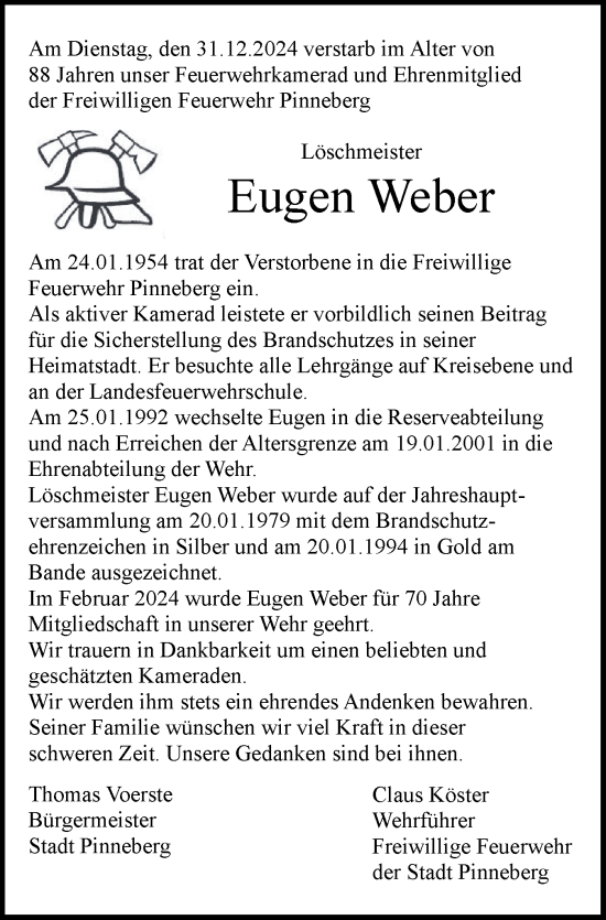 Traueranzeige von Eugen Weber von Region Pinneberg und tip Pinneberg