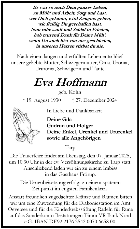 Traueranzeige von Eva Hoffmann von Region Flensburg