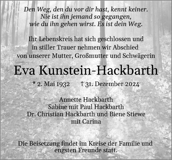 Traueranzeige von Eva Kunstein-Hackbarth von Schleswiger Nachrichten, Schlei-Bote