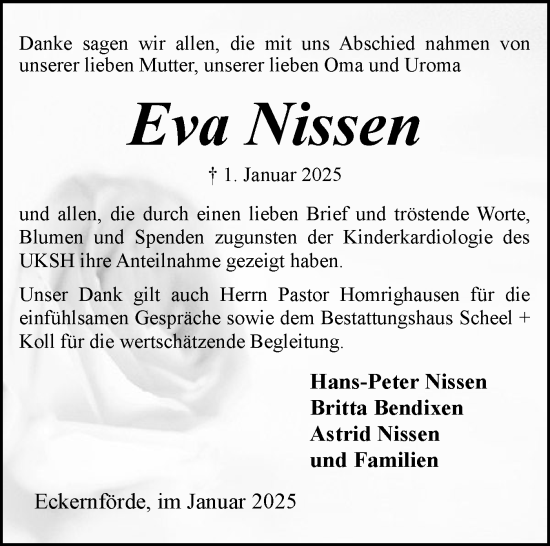 Traueranzeige von Eva Nissen von Eckernförder Zeitung, Hallo Eckernförde