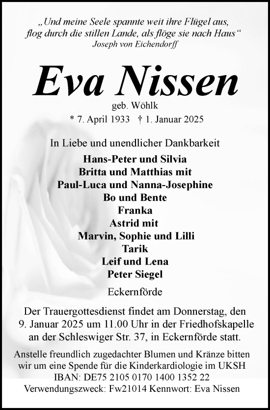 Traueranzeige von Eva Nissen von Eckernförder Zeitung