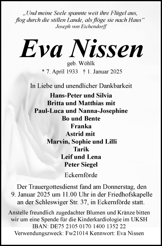 Traueranzeige von Eva Nissen von Hallo Eckernförde