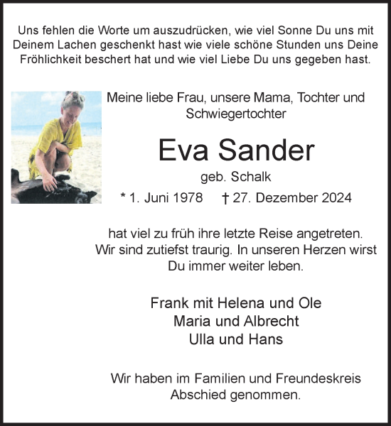 Traueranzeige von Eva Sander von MARKT Ahrensburg/Bargteheide/Trittau und Stormarner Tageblatt