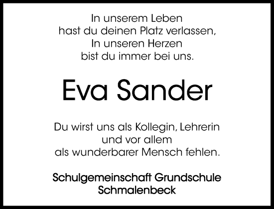 Traueranzeige von Eva Sander von MARKT Ahrensburg/Bargteheide/Trittau und Stormarner Tageblatt